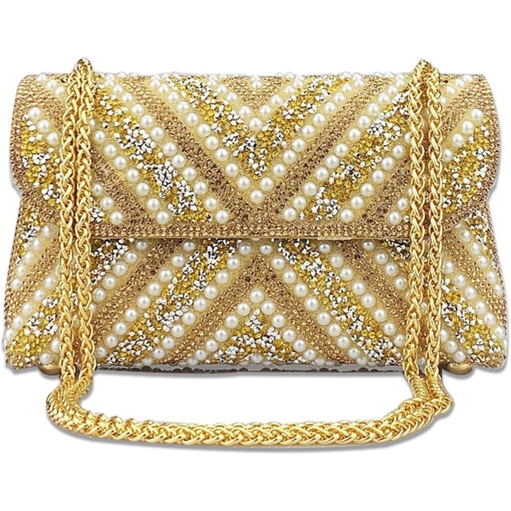 Women's Gold Rhinestones Chain Shoulder Sparkly Cocktail Party Clutch Bag